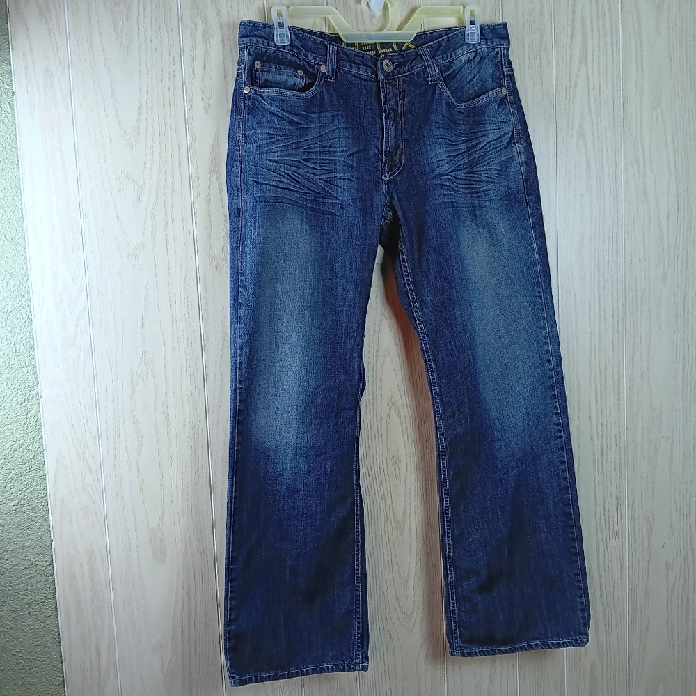 Helix Jeans Mens Size 36x34 Bootcut Blue Denim Whiskered Distressed.  - Picture 4 of 16